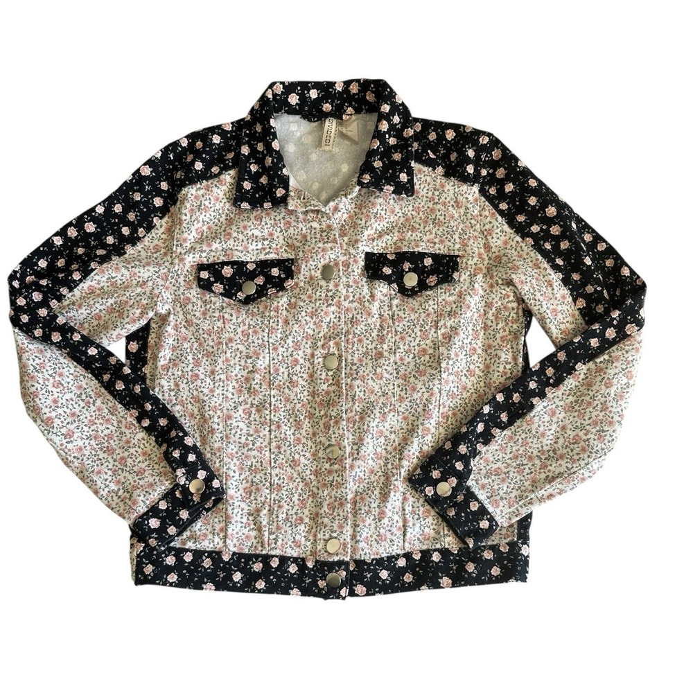 H & M Divided Floral Denim Jacket Sz 10/M Patchwork Prairie Country Cowgirl Cute